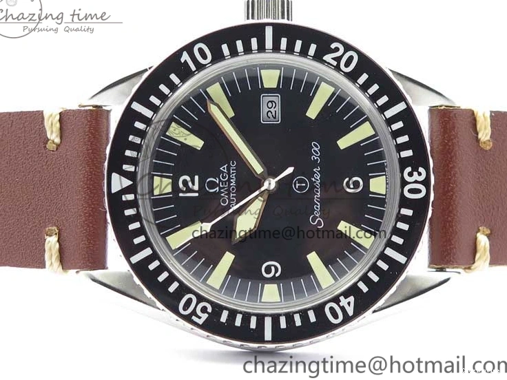0414 Vintage Seamaster 300 Date T SS B12 Black Dial On Brown Leather Strap A2836 (Free Nylon Strap) WeatherProof 7911